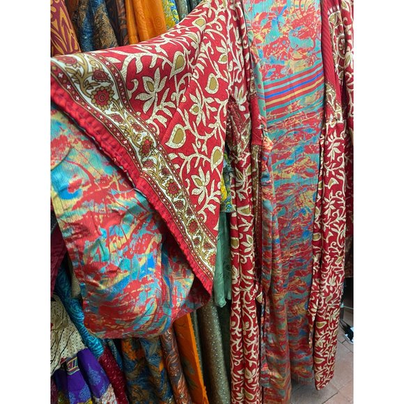 REVERSIBLE SILK DRESS Red Wrap Dress Duster Jacket Boho Hippie 100% Silk One Siz - Picture 1 of 5